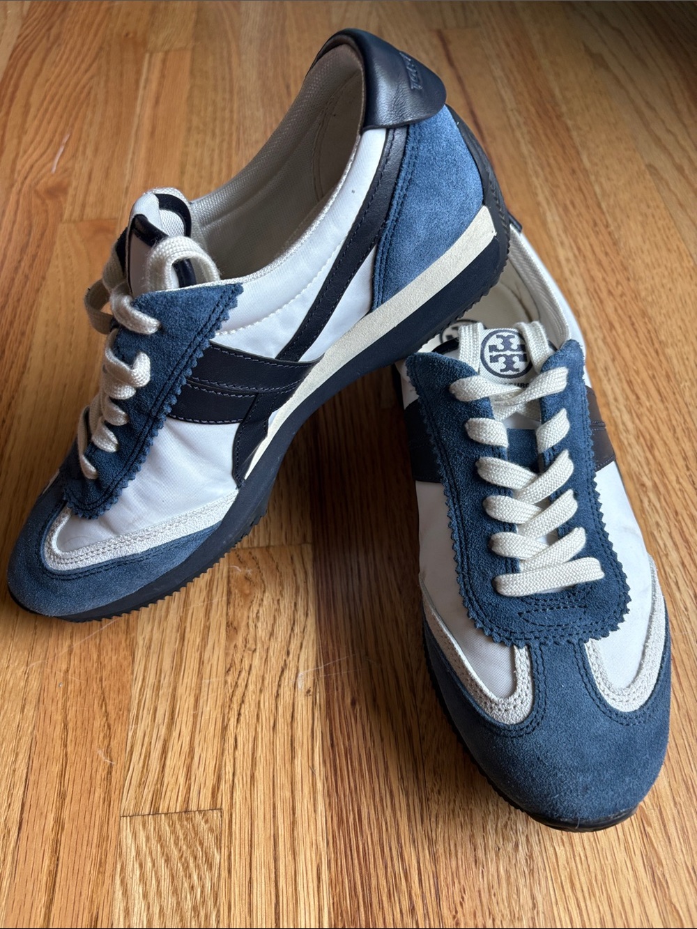 Tory Burch size 7 Navy, White and Cream Suede-Trim Sneakers